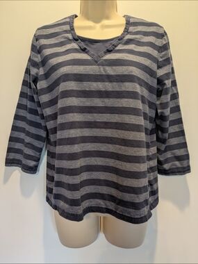 croft & barrow Women's Blue And Gray Striped 3/4 Sleeve Top Size L